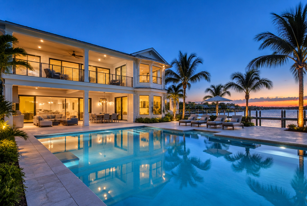 Luxury Florida home and pool photographed at twilight
